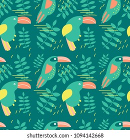 Cartoon summer toucan pattern. Vector illustration.