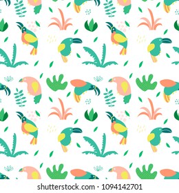 Cartoon summer toucan pattern. Vector illustration.