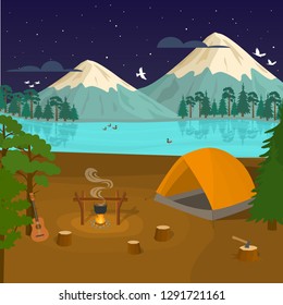 Cartoon Summer Tourist Camp Night Card Poster Landscape Background Recreation Activity and Leisure Concept Flat Design. Vector illustration of Panorama