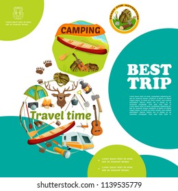 Cartoon summer travel colorful template with canoe backpack guitar near river and camping elements vector illustration