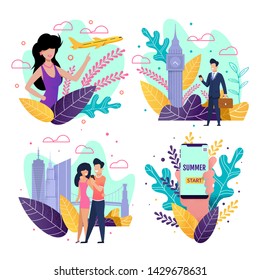 Cartoon Summer Travel Pages for Mobile Application. Tour Agency Service Offering Online Booking Tickets on Business Trip and Honeymoon Voyage. Vector Flat Illustration with Happy People