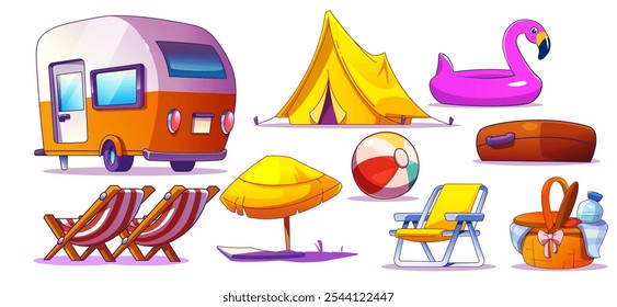 Cartoon summer travel stuff set. Leisure voyage design elements - camper van and tent, striped beach chairs and sunshade umbrella, inflatable ball and flamingo ring, picnic basket with food and drink.