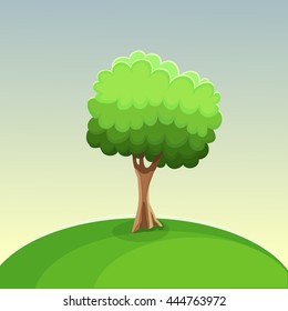 Cartoon summer tree on a top of a green hill. Vector illustration