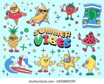 Cartoon summer vibes. Ice cream mascot, vacation fruits characters party marketing or design vector illustration set of watermelon and cocktails, starfish sticker icon, pineapple and ice cream