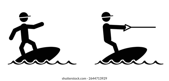 Cartoon summer water sport icon. Summer sports concept. Surfing on the wave. Water skiing or wakeboarding sign. Ski or surf board in to the sea or ocean.