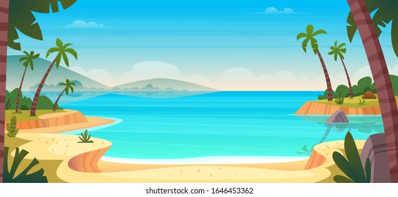 Cartoon summer wild paradise beach. Paradise nature vacation, ocean or sea seashore. Seaside landscape