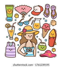 Cartoon summer woman with beach holiday in kawaii doodle illustration