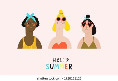 Cartoon summer woman in flat style. Vector illustration with Tropical Girl in sunglasses