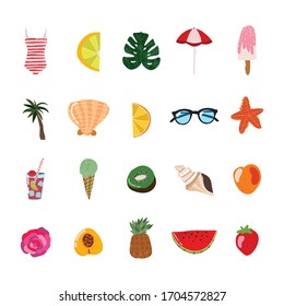 Cartoon Summertime Traveling Concept Icon Set Flat Design Include of Sunglasses, Cocktail and Umbrella. Vector illustration