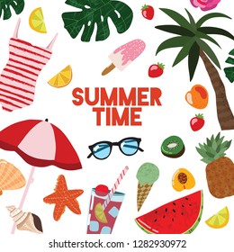 Cartoon Summertime Traveling Template Card Poster Travel Concept Flat Design Include of Sunglasses, Cocktail and Umbrella. Vector illustration