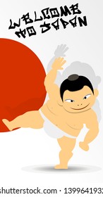 Cartoon Sumo wrestler invites to Japan on the background of the Japanese flag. flat character design. vector