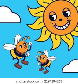 cartoon sun and bee, retro style