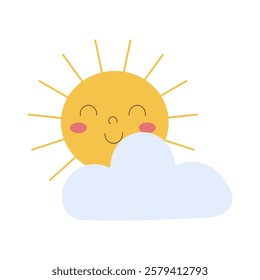 A cartoon sun with a big smile on its face is looking at a fluffy white cloud. The sun is positioned above the cloud, and it is enjoying the view. The scene is cheerful and lighthearted