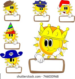 Cartoon sun with blank paper on wood. Collection with costume. Expressions vector set.