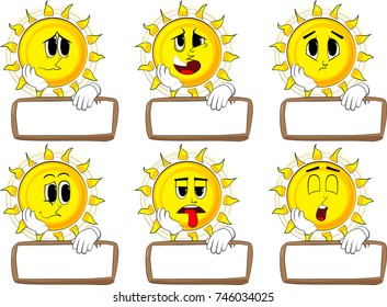 Cartoon sun with blank paper on wood. Collection with sad faces. Expressions vector set.