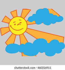 Cartoon sun with blue clouds-eps