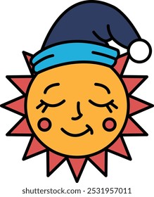 A cartoon sun with a blue hat on its head. The sun is smiling and he is sleeping