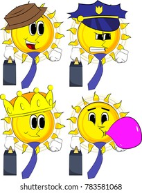 Cartoon sun boss with suitcase or bag and tie. Collection with costume. Expressions vector set.