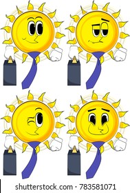 Cartoon sun boss with suitcase or bag and tie. Collection with happy faces. Expressions vector set.