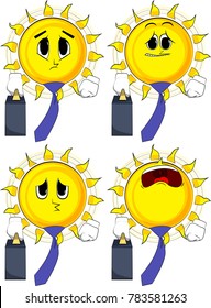 Cartoon sun boss with suitcase or bag and tie. Collection with sad faces. Expressions vector set.