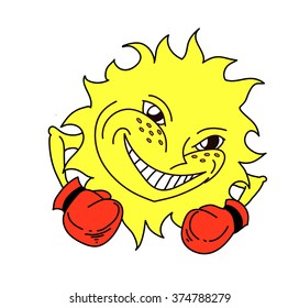 Cartoon sun with Boxing gloves. Sunstroke. Vector illustration