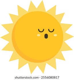 Cartoon sun with a bright yellow face, triangular rays, closed eyes, and a small open mouth, giving the impression of singing or making a sound.