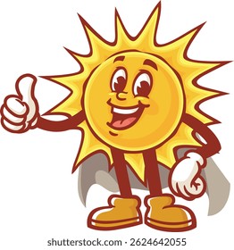 Cartoon sun character in caped superhero style