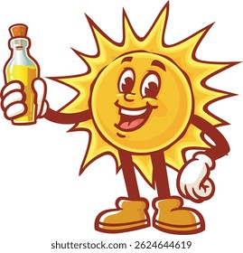 Cartoon sun character holding a bottle of oil