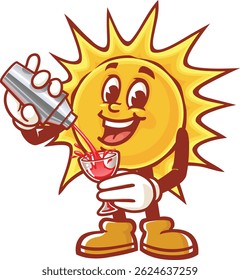 Cartoon sun character making cocktail