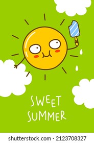 Cartoon Sun character on green background for funny summer design