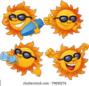 Cartoon sun character ready for summer. Vector illustration with simple gradients. All characters on separate layers for easy editing.