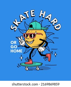 A cartoon sun character skateboarding. Vector design for t-shirt prints, posters and other uses.