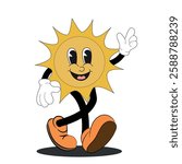 Cartoon sun character with smiling face wearing gloves and shoes walking cheerfully on white background