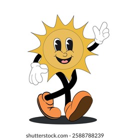 Cartoon sun character with smiling face wearing gloves and shoes walking cheerfully on white background