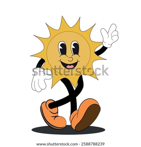 Cartoon sun character with smiling face wearing gloves and shoes walking cheerfully on white background