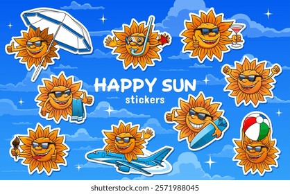 Cartoon sun characters stickers pack, vector summer, travel and beach vacation. Happy smiling sun characters with sunglasses, airplane, beach ball and umbrella, ice cream and surfboard stickers set