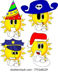 Cartoon sun checking his watch. Collection with costume. Expressions vector set.