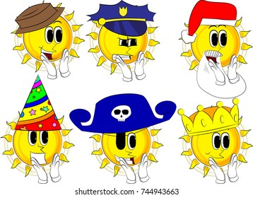Cartoon sun with clapping hands. Collection with costume. Expressions vector set.