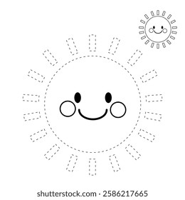 Cartoon sun clip art vector. Doodle cute summer sun coloring pages for kids. Trace and color sun. Happy sunny isolated on white background. Summer worksheets for kids activity printable.