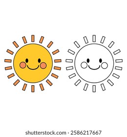 Cartoon sun clip art vector. Doodle cute summer sun coloring pages for kids. Trace and color sun. Happy sunny isolated on white background. Summer worksheets for kids activity printable.