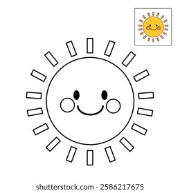 Cartoon sun clip art vector. Doodle cute summer sun coloring pages for kids. Trace and color sun. Happy sunny isolated on white background. Summer worksheets for kids activity printable.