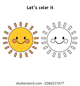 Cartoon sun clip art vector. Doodle cute summer sun coloring pages for kids. Trace and color sun. Happy sunny isolated on white background. Summer worksheets for kids activity printable.