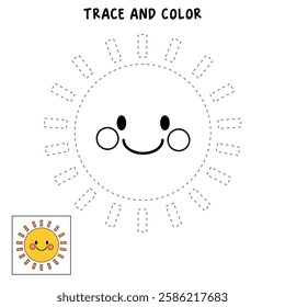 Cartoon sun clip art vector. Doodle cute summer sun coloring pages for kids. Trace and color sun. Happy sunny isolated on white background. Summer worksheets for kids activity printable.