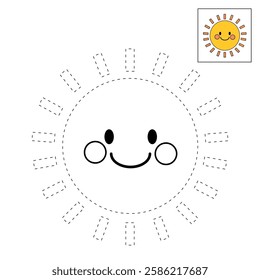 Cartoon sun clip art vector. Doodle cute summer sun coloring pages for kids. Trace and color sun. Happy sunny isolated on white background. Summer worksheets for kids activity printable.