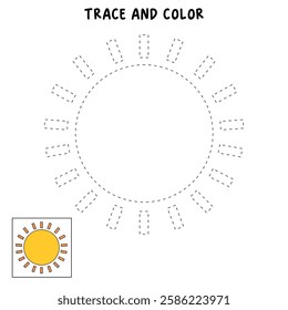 Cartoon sun clip art vector. Doodle summer sun coloring pages for kids. Trace and color sun. Happy sunny isolated on white background. Summer worksheets for kids activity printable.