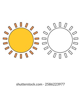 Cartoon sun clip art vector. Doodle summer sun coloring pages for kids. Trace and color sun. Happy sunny isolated on white background. Summer worksheets for kids activity printable.