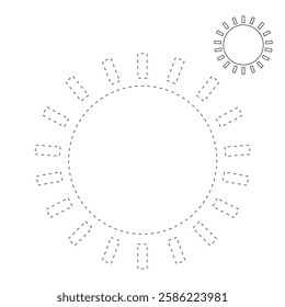 Cartoon sun clip art vector. Doodle summer sun coloring pages for kids. Trace and color sun. Happy sunny isolated on white background. Summer worksheets for kids activity printable.