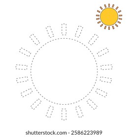 Cartoon sun clip art vector. Doodle summer sun coloring pages for kids. Trace and color sun. Happy sunny isolated on white background. Summer worksheets for kids activity printable.