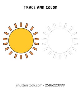 Cartoon sun clip art vector. Doodle summer sun coloring pages for kids. Trace and color sun. Happy sunny isolated on white background. Summer worksheets for kids activity printable.
