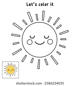 Cartoon sun clip art vector. Doodle cute summer sun coloring pages for kids. Trace and color sun. Happy sunny isolated on white background. Summer worksheets for kids activity printable.